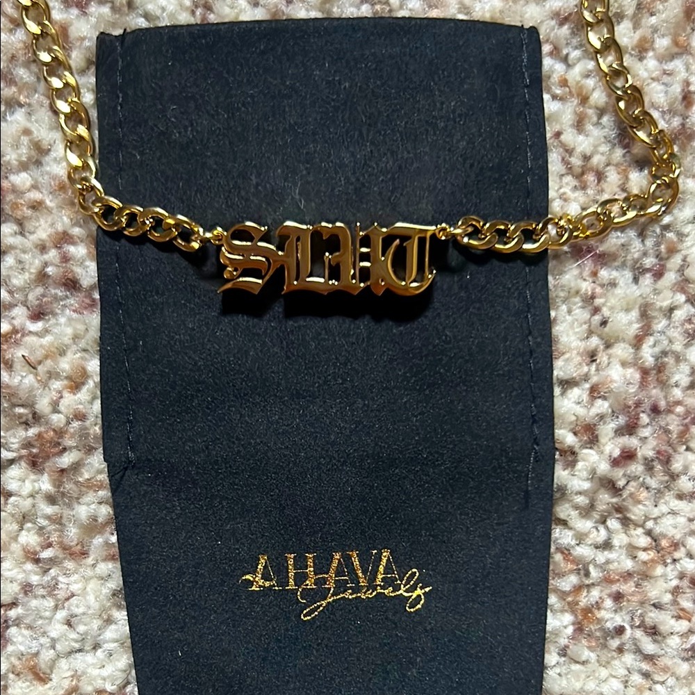 AHAVA Gold Plated Gothic Lettering Statement Necklace